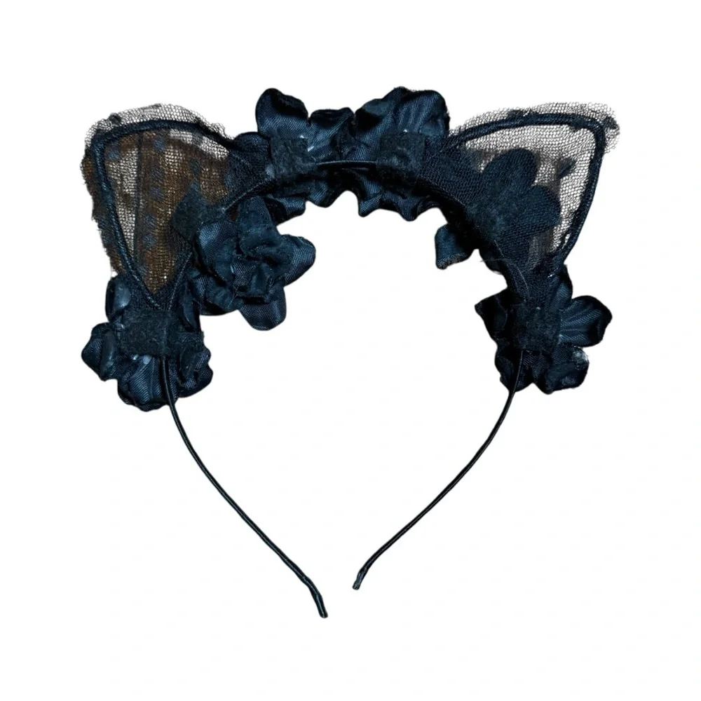 Girls Floral Cat Ear Headband Black Flower Crown